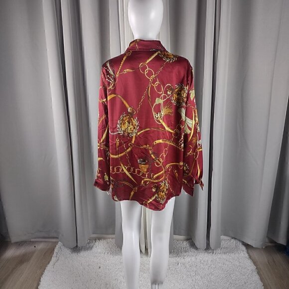 Boohoo Red Gold Chain Tassel Print Satin Button Down Blouse Womens Size 12 - Picture 3 of 12